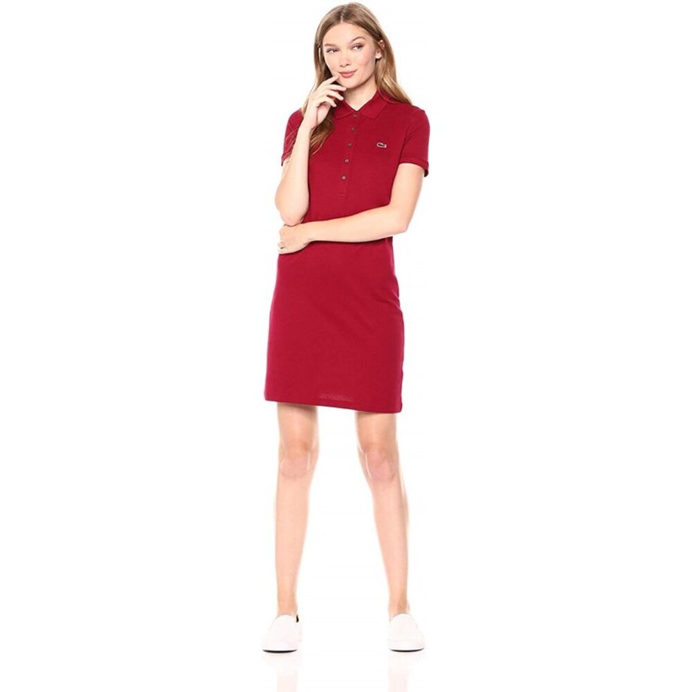 Lacoste Womens Short Sleeve Pique Polo Dress in Maroon/RED | Size 42